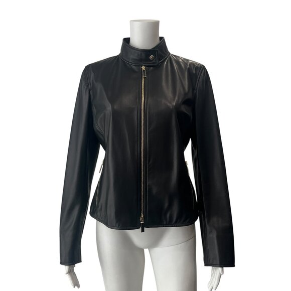 Salvatore Ferragamo Black Leather Full Zip Moto Jacket size IT 42/6